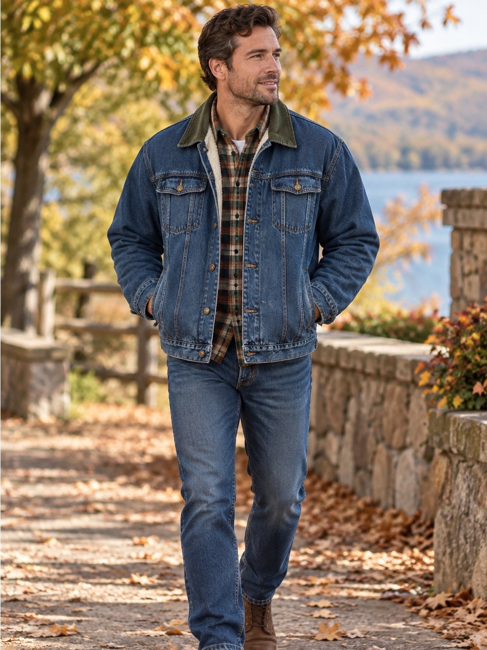 NORTH BAY Vintage Men's Blue Denim Sherpa Lined Olive Corduroy Collar Jacket
